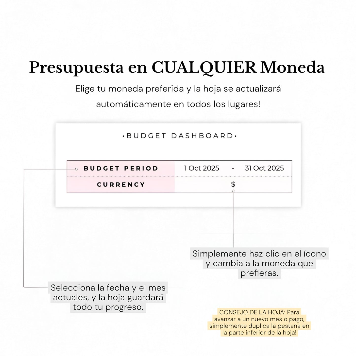 Budgetoro™ Planificador de presupuesto para Excel y Google Sheets (todas las monedas)