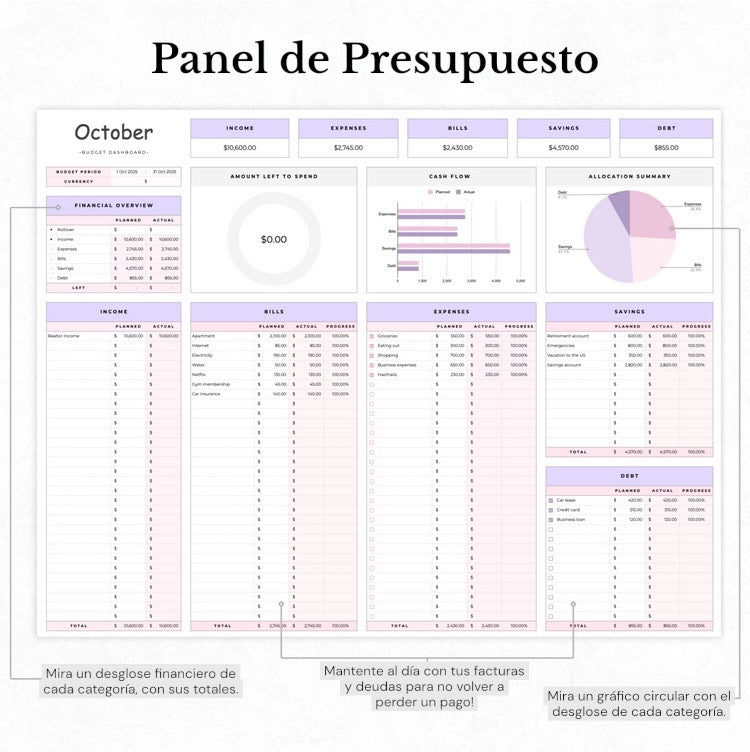 Budgetoro™ Planificador de presupuesto para Excel y Google Sheets (todas las monedas)