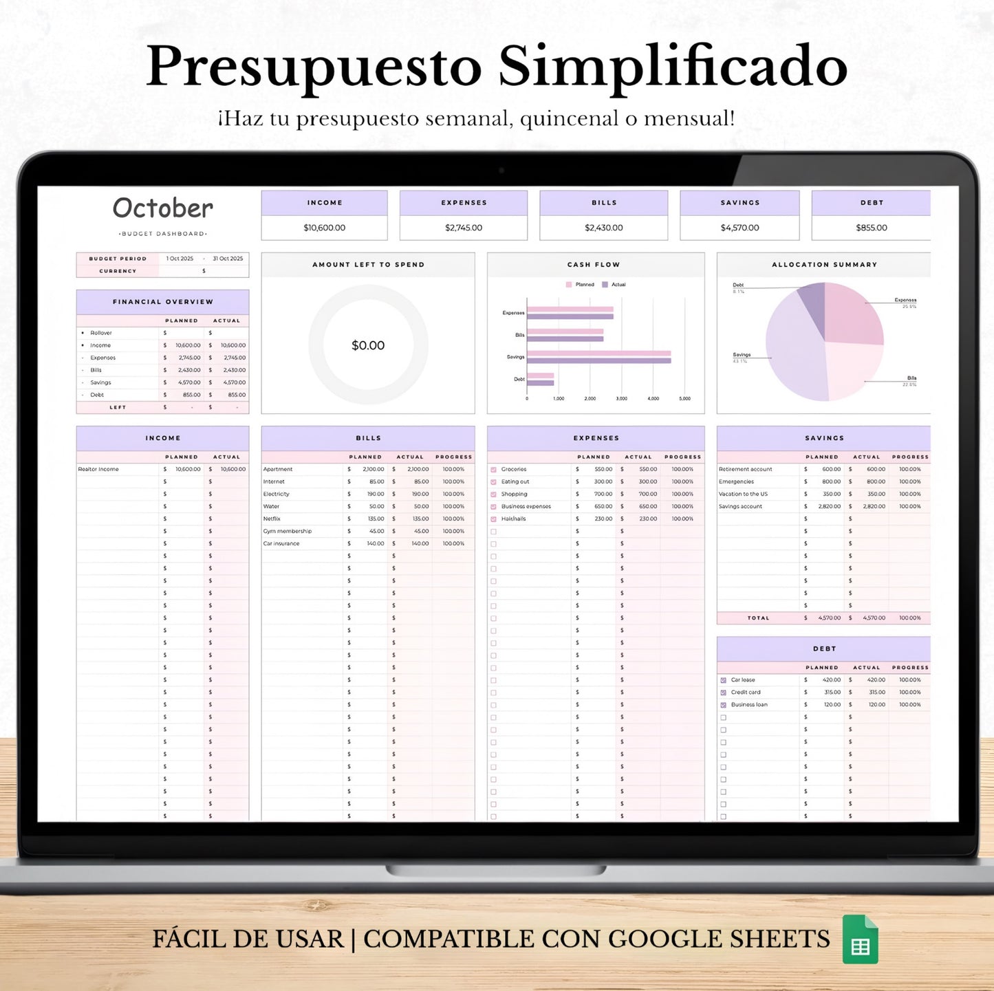 Budgetoro™ Planificador de presupuesto para Excel y Google Sheets (todas las monedas)